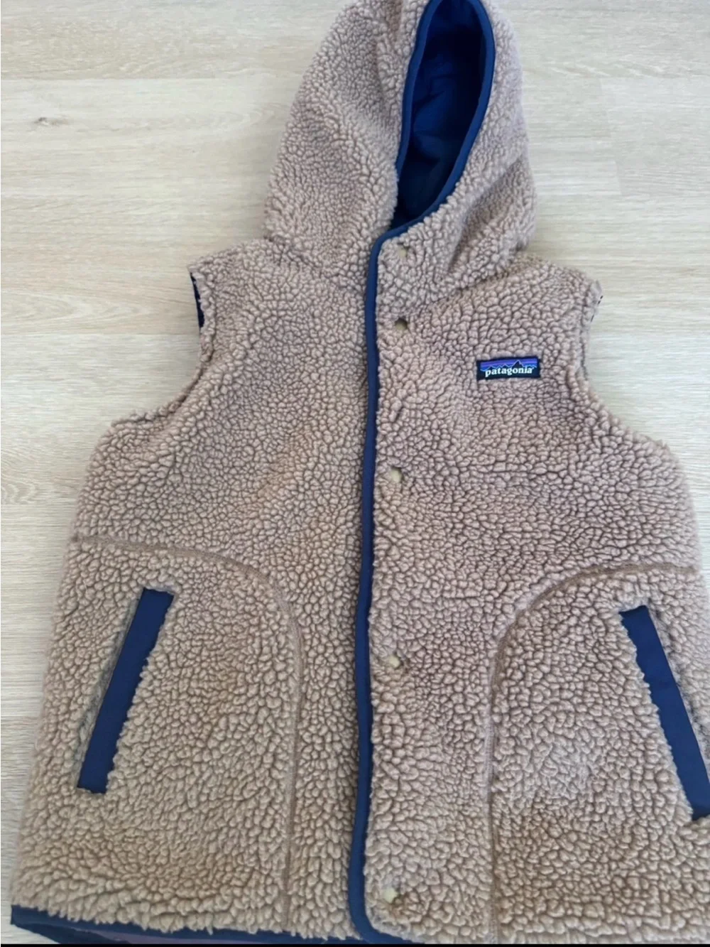 Patagonia Kids Hooded Puffer Vest in Navy & Mauve
